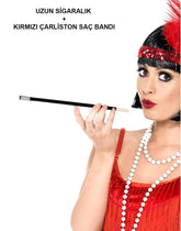Nessiworld 1920'ler 1990'lar Gatsby Kadın Aksesuar Seti – Kırmızı Charleston Saç Bandı ve Sigaralık